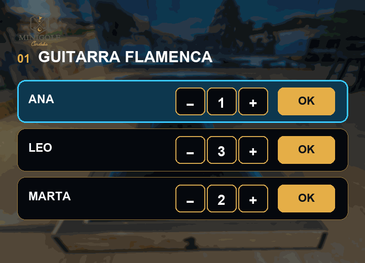 La aplicación de Minigolf Córdoba sumando y confirmando los golpes de un jugador